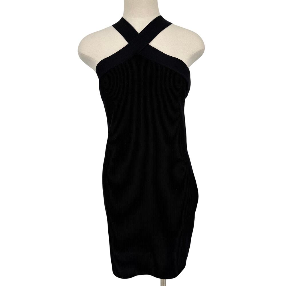Babaton Sculpt Knit Halter Mini Dress SZ XL Black Ribbed Bodycon Cocktail LBD